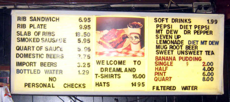 Dreamland Bar BQue Menu