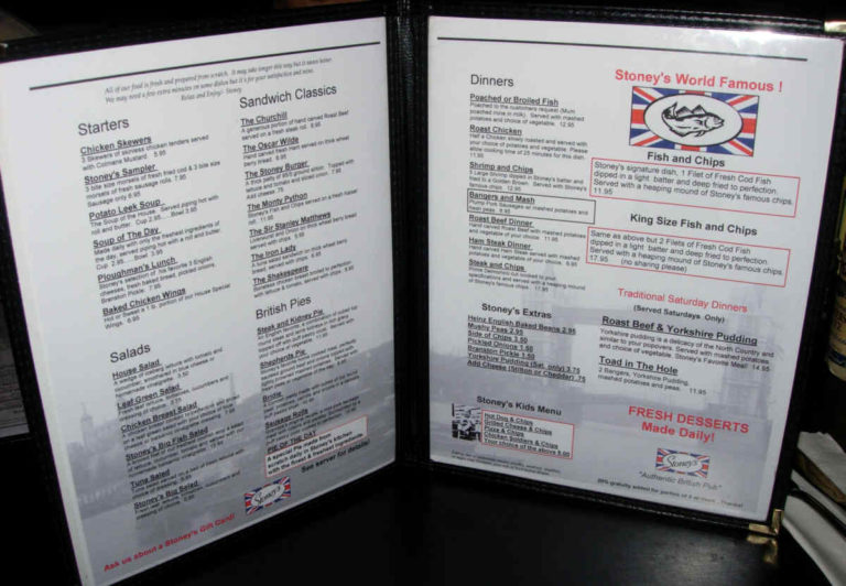 Stoneys Menu