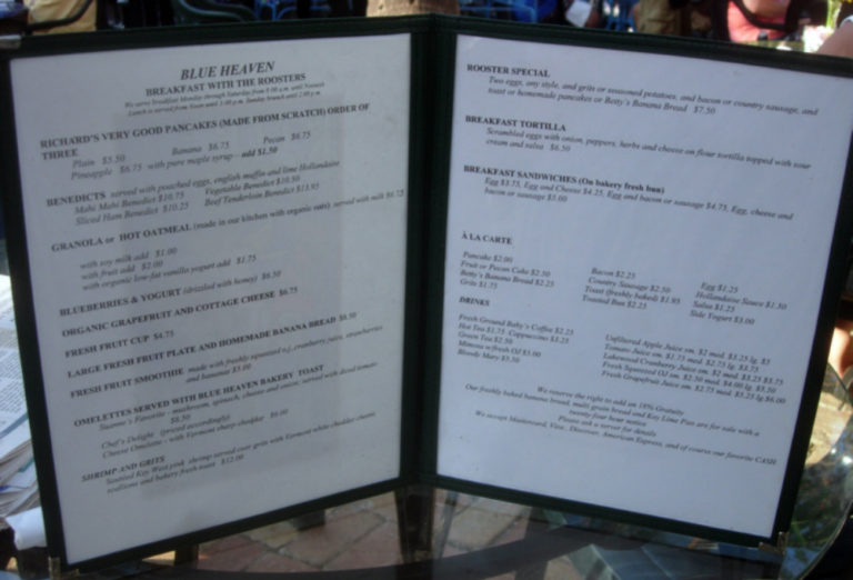 Blue Heaven Menu